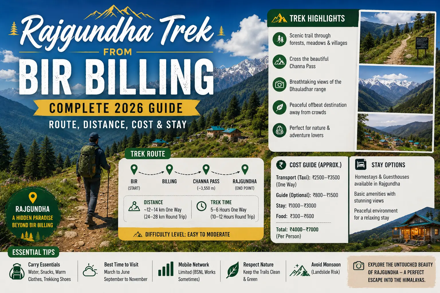 Rajgundha trek route map and guide from Bir Billing with distance, cost and stay details
